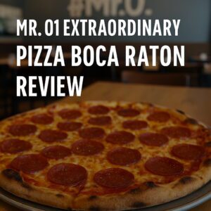 Mr. O1 Extraordinary Pizza Boca Raton with crispy wood-fired pizza and fresh salad at Mission Bay Plaza, featured in a 5-star review.