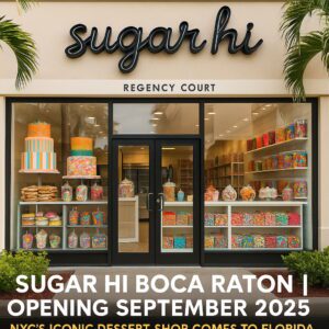 Sugar Hi dessert shop exterior at Regency Court Boca Raton with colorful cakes, cookies, and candies on display, opening September 2025.
